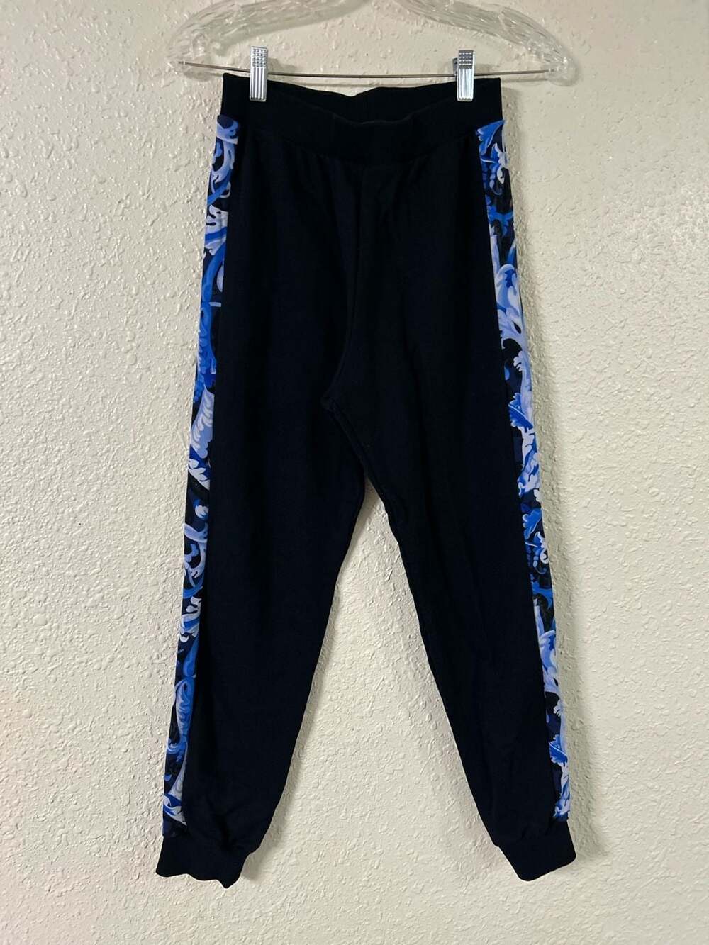 Versace Kids Black Jogger Pants with Blue Baroque Side Stripe Size 12A 152cm